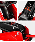 Close-up of Low Profile Hydraulic Trolley Floor Jack 1.5 Ton Capacity 3000 Lbs Lift Range 5.5 To 15.35 Inches Red Car Service Tool.