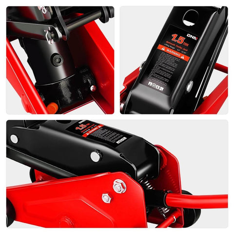 Close-up of Low Profile Hydraulic Trolley Floor Jack 1.5 Ton Capacity 3000 Lbs Lift Range 5.5 To 15.35 Inches Red Car Service Tool.