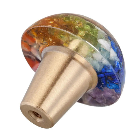 Side view of Chakra Drawer Knobs With Screws Set Of 2 Ammonite Fossil Resin Crystal Stone Pulls Handle, showing colorful stone chips.