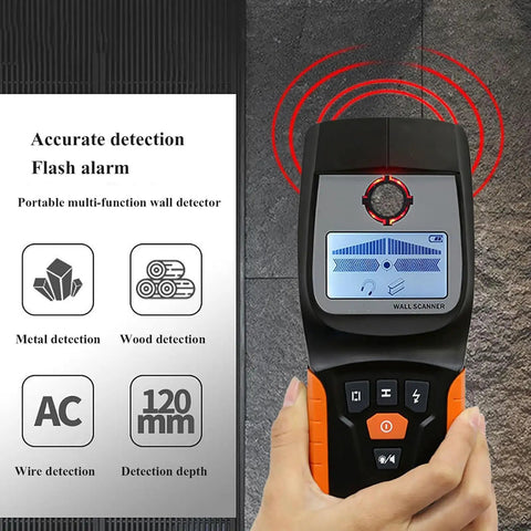 Slick Digital Wall Scanner And Straight Shot Stud Finder With Three Scan Modes, user holding device over wall for detection.