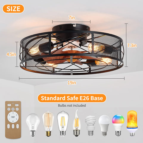 19 Inch Caged Ceiling Fan With Light Kit, Four Lights, Low Profile Flush Mount, Black, E26 Base, Remote Control