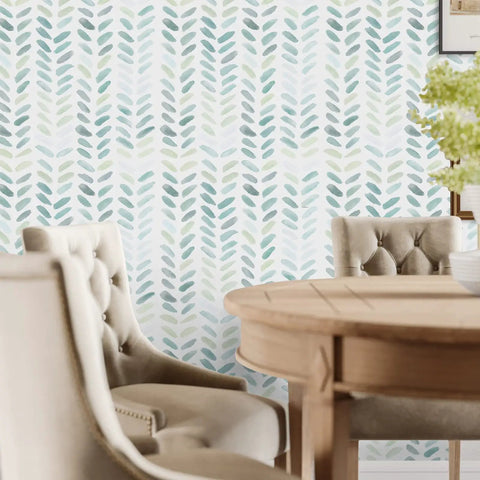 Dining area with green and white herringbone wallpaper, featuring Green And White Peel And Stick Wallpaper Boho Herringbone Contact Paper For Cabinets And Walls Seventeen Point Three Inch Wide By Seventy Eight Point Eight Inch Long Self Adhering Removable Waterproof Bathroom Teal Boho Vibe For Home.