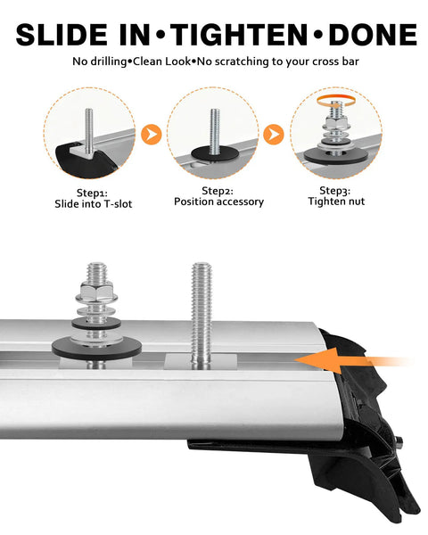 Heavy Duty M8x30mm T Track Bolt Adapter Kit installation steps for roof rack cross bars and platforms.