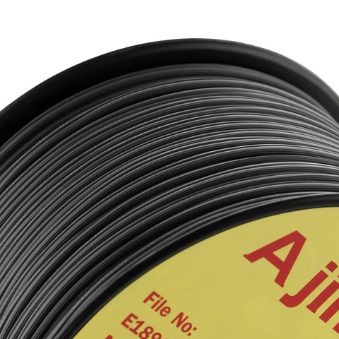 Close-up of a 500 Foot SPT-1 Zip Cord Extension Wire 18 AWG 2 Conductor UL Listed Indoor Outdoor Black spool for DIY and decor use.