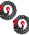 Grade 80 Transport Binder Chain 3/8 Inch By 6 Foot With Two Steel Clevis Grab Hooks, black chain with red hooks.
