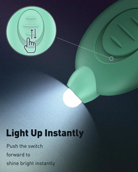 Close-up of green 5 Pack LED Keychain Flashlights, 12 Lumen Mini Pocket Lights for outdoor work showing switch mechanism.