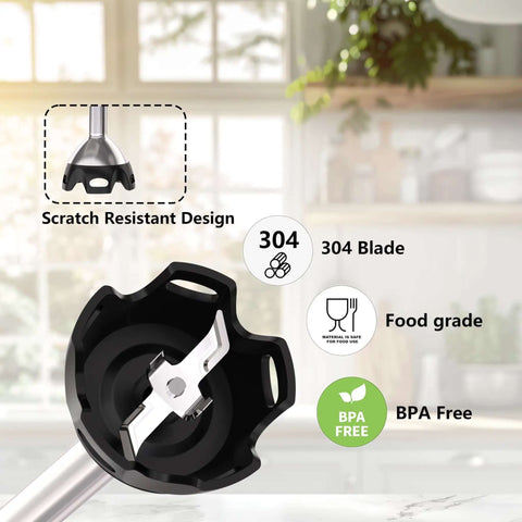 Close-up of the 304 stainless steel blade with scratch resistant design from Straight Outta Box Kitchen Essential 800W handheld blender.