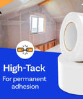 Badass 4 Inch X 180 Foot Vapor Barrier Tape Rock Solid 9 Mil White Polyethylene Sealant for Crawl Spaces displayed in a room.