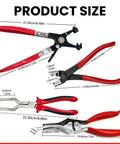 Pro Grade Hose Clamp Kit With Pliers Set Workhorse 9 In 1 Fuel Line Tool Kit for automotive maintenance, three red pliers sizes shown.