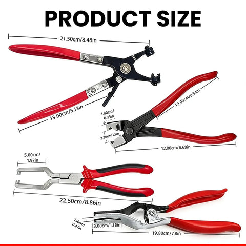 Pro Grade Hose Clamp Kit With Pliers Set Workhorse 9 In 1 Fuel Line Tool Kit for automotive maintenance, three red pliers sizes shown.