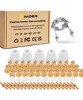 71 Piece Plasma Cutter Consumables Kit With Roller Guide Wheel Spacer Shield Cups Swirl Baffles Electrodes And Nozzles For PT 31 JG 40 LG 40 Torches Fits CUT 40 And CUT 50 Plasma Cutters Great Replacement Parts For DIY And Pro Jobs displayed with packaging and metal spacer