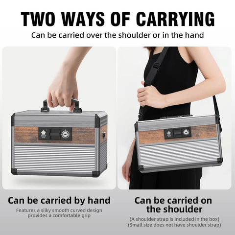 Medicine Lock Box With Key Safe For Meds, Aluminum Alloy And MDF Construction, Medium Black Safe Box, hand and shoulder carrying