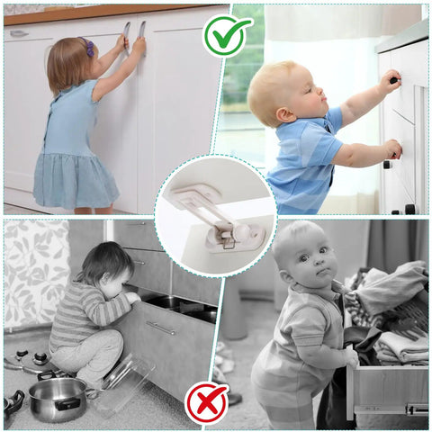 Collage showing Hidden Adhesive Cabinet Locks For Baby Proofing No Drill Safety Latches correctly and incorrectly used with children