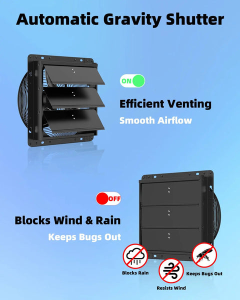Upgraded 10 Inch Shutter Exhaust Fan With Thermostat And Remote showing open and closed positions for airflow control.