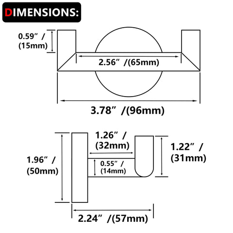Dimensions diagram of Built To Last Heavy Duty Towel Hooks for bathrooms and kitchens in brushed nickel SUS304 stainless steel.