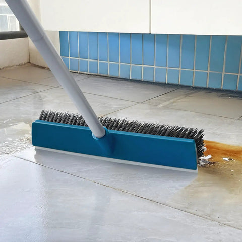 16 Inch Push Broom With Rubber Squeegee And 58 Inch Long Handle 2 In 1 Heavy Duty Outdoor Broom cleaning grime on concrete floor