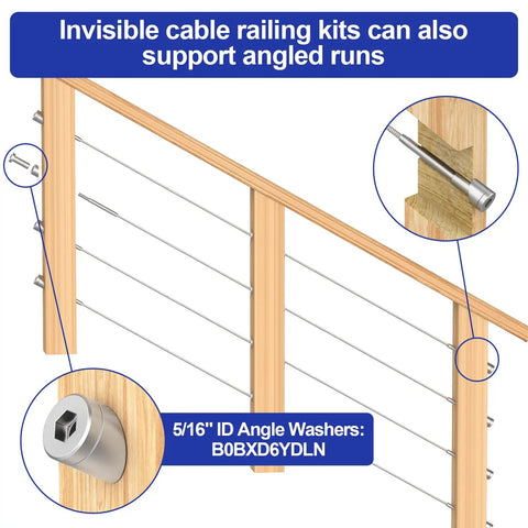 50 Pack Invisible Cable Railing Kit With One Eighth Inch T316 Stainless Steel Receiver And Swage Stud End for angled runs