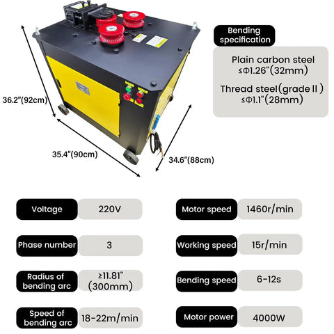 Heavy Duty Automatic Steel Bar Circle Bender Delivers Beast Mode Power To Shape Rebar Quick As Lightning For Hardworking Contractors On Tight Job Sites, dimensions with specs.