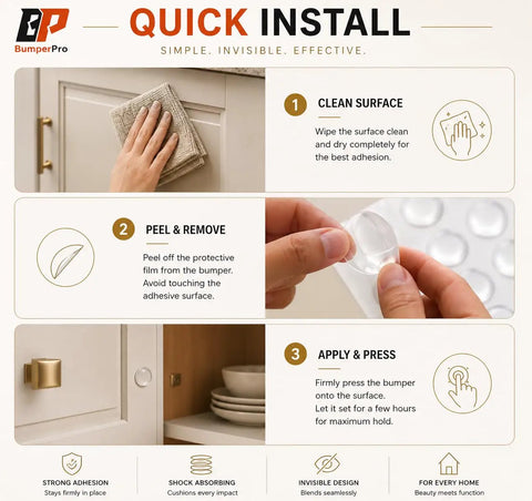 Instructions for One Hundred Piece Clear Self Adhesive Cabinet Door Bumpers Three Eighth Inches Silicone Rubber Stoppers installation process.