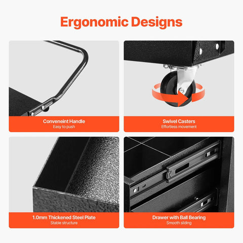 Close-up of ergonomic designs on Heavy Duty Welding Cart With 2 Drawers Lockable Cabinet 350 Lbs Capacity 360 Degree Swivel Wheels
