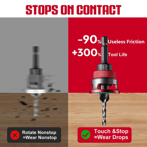 Heavy Duty 7 Piece Countersink Drill Bit Set With Adjustable Depth Stop Collar And Precision Bearings displayed demonstrating tool life efficiency.