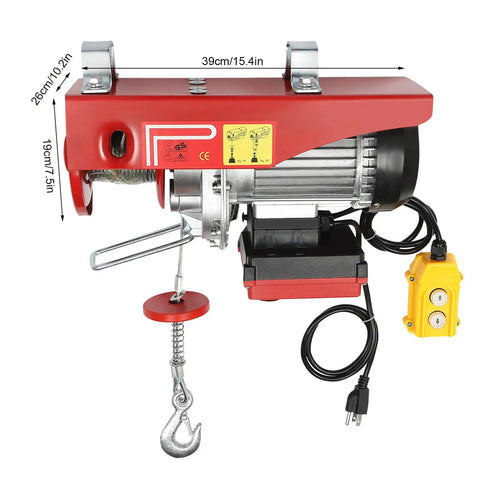 850 Watt Electric Hoist Cranes With Wired Remote For Heavy Lifts Up To 880 Lbs Waterproof Wireless Control showing dimensions and remote.
