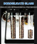 Single Dose Coffee Bean Storage Glass Tubes With One-Way Degassing Valves To Lock In Freshness And Trap Aroma Inside, showcasing three borosilicate glass tubes filled with coffee beans.