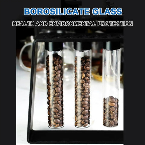 Single Dose Coffee Bean Storage Glass Tubes With One-Way Degassing Valves To Lock In Freshness And Trap Aroma Inside, showcasing three borosilicate glass tubes filled with coffee beans.