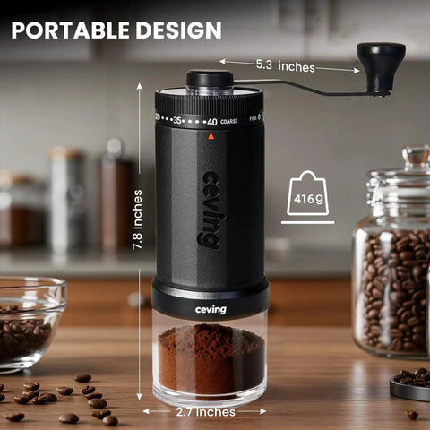 60g Large Capacity Manual Coffee Grinder With 40 Adjustable Settings, Stainless Steel Burrs, Portable Hand Mill, black, on countertop
