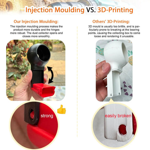 Injection molding vs 3D-printing comparison for "No Mess Drill Dust Collector For Clean Walls And Floors The Must Have Dust Box Design"