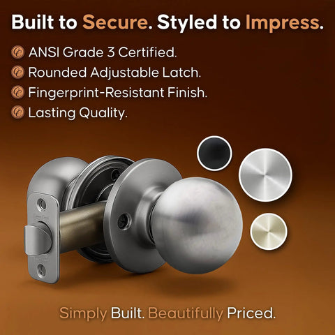 Passage Interior Door Knob Set Satin Stainless Heavy Duty Hardware With Easy Install And Reversible Design. ANSI Grade 3.