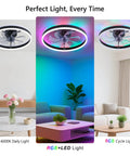 Slick Low Profile Ceiling Fan With Rgb Lights And Ultra Quiet Motor No Sweat Setup For Compact Rooms Black Flush Mount showcasing RGB lighting options.