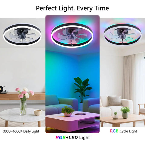 Slick Low Profile Ceiling Fan With Rgb Lights And Ultra Quiet Motor No Sweat Setup For Compact Rooms Black Flush Mount showcasing RGB lighting options.