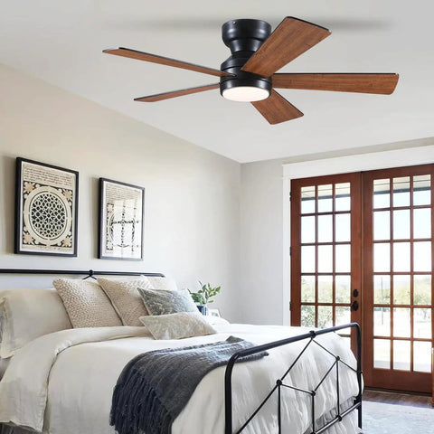 Ceiling Fans With Lights Flush Mount 46 Inch Low Profile Do It All Remote Controlled 5 Dual Sided Blades in modern bedroom