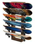 Six Tier Wooden Skateboard Wall Rack Mount 36 Inch Display Stand And Storage Organizer with six colorful skateboards