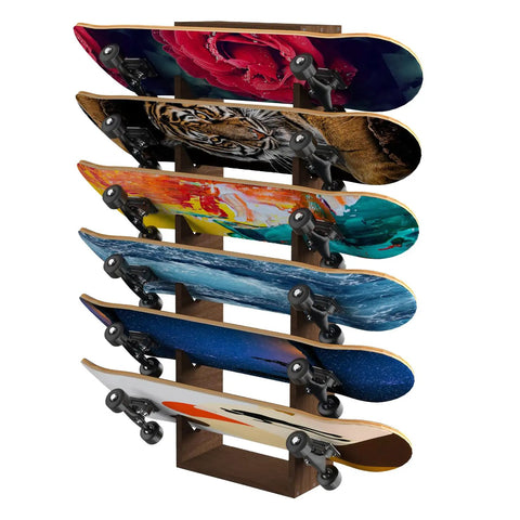 Six Tier Wooden Skateboard Wall Rack Mount 36 Inch Display Stand And Storage Organizer with six colorful skateboards