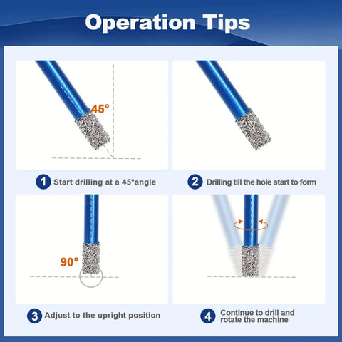 Operation tips for Vacuum Brazed Diamond Hole Saw and Drill Bit Set for Porcelain Tile Ceramic Marble and Granite Drilling With 1/4, 5/16, 3/8, 4/5, 1, 1-3/8, 1-1/2, 2, 2-1/2 Inch Bits and 5/8-11 Thread for Wet or Dry Cutting