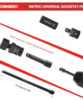 Three Eighth Inch Drive Impact Socket Set With Sixty Seven Piece Metric And SAE Six Point CR V Steel Sockets with extension bar.