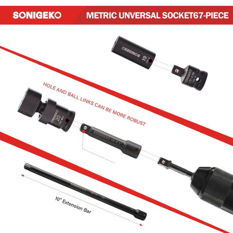 Three Eighth Inch Drive Impact Socket Set With Sixty Seven Piece Metric And SAE Six Point CR V Steel Sockets with extension bar.