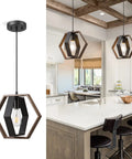 Dope Farmhouse Hex Pendant Light for Kitchen Island and Hallway, wood grain and black finish in a modern kitchen setting, adjustable height