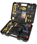 Knockout Cordless Drill And Electric Screwdriver Set With Brushless Motor Adjustable Torque And Bright Led Work Light inside black case with tools.