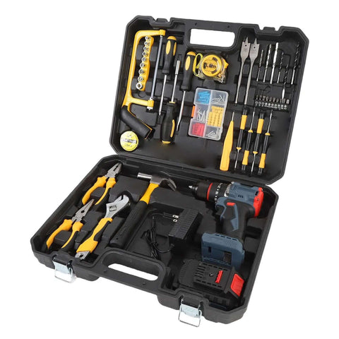 Knockout Cordless Drill And Electric Screwdriver Set With Brushless Motor Adjustable Torque And Bright Led Work Light inside black case with tools.