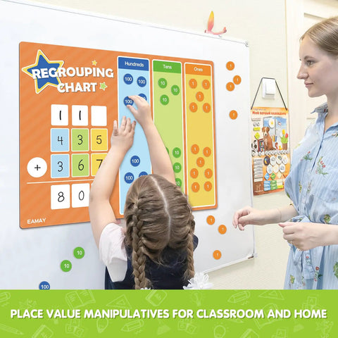 Regrouping Base Ten Place Value Manipulatives Kit With Magnetic Dry Erase Board And Magnetic Chips For Addition And Subtraction
