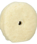Low Linting Wool Compounding Pad For Auto Detailing 9 Inch Double Sided Pro Grade Fast Cutting Wool Pad That Kicks Scratches To The Curb And Leaves A Smooth Finish Quick Connect Polisher Attachment Durable 2 Sided Pad For Longer Life, showing a fluffy wool surface with center attachment hole