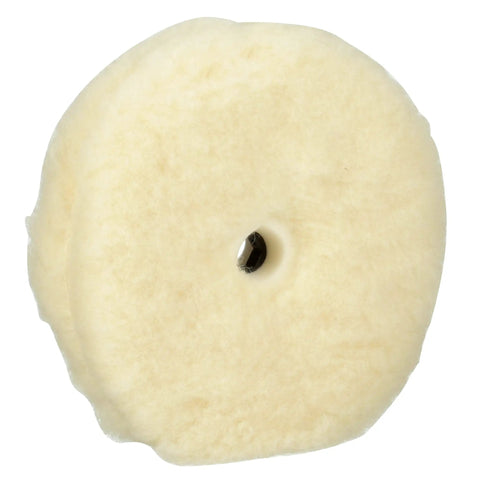 Low Linting Wool Compounding Pad For Auto Detailing 9 Inch Double Sided Pro Grade Fast Cutting Wool Pad That Kicks Scratches To The Curb And Leaves A Smooth Finish Quick Connect Polisher Attachment Durable 2 Sided Pad For Longer Life, showing a fluffy wool surface with center attachment hole