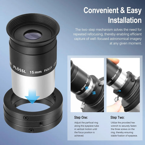 1.25 Inch Parfocal Eyepiece Rings Set of Three For Rapid Focus Switching, All Aluminum Universal Telescope Eyepiece Rings Kit usage steps