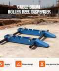 Heavy Duty Cable Drum Roller Reel Dispenser Rolls Out 30 To 120 Cm Wire Spools With A Bulletproof Steel Frame and casters on construction site.