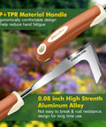 Close-up of ergonomic handle and stainless steel blade from Heavy Duty 10 Piece Garden Tool Set For Women And Men With Aluminum Tools Non Slip Ergonomic Handles Tote Bag Gloves Includes Saw Trowel Cultivator Rake Pruner Weeder Perfect Gift.