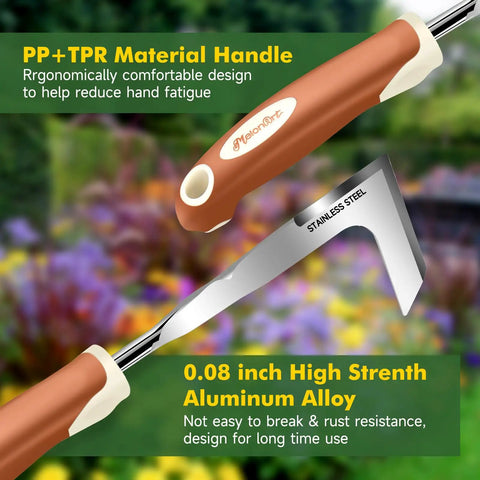 Close-up of ergonomic handle and stainless steel blade from Heavy Duty 10 Piece Garden Tool Set For Women And Men With Aluminum Tools Non Slip Ergonomic Handles Tote Bag Gloves Includes Saw Trowel Cultivator Rake Pruner Weeder Perfect Gift.