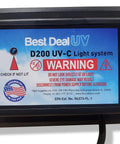Close-up of Best Deal UV D200 UV-C Light System panel with warning for In Duct UV Light Germicidal Air Purifier For Whole House HVAC System Ozone Free 2537 Nanometers UVC Bulbs Dope Easy Install 4 Bulbs Included Plus 2 Replacement Bulbs For AC 1 To 5 Ton Ducts.